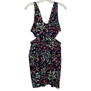 ZARA V Neck Sleeveless Flower Mini Dress Cutout Sides Zip Up Back M Blue #3309